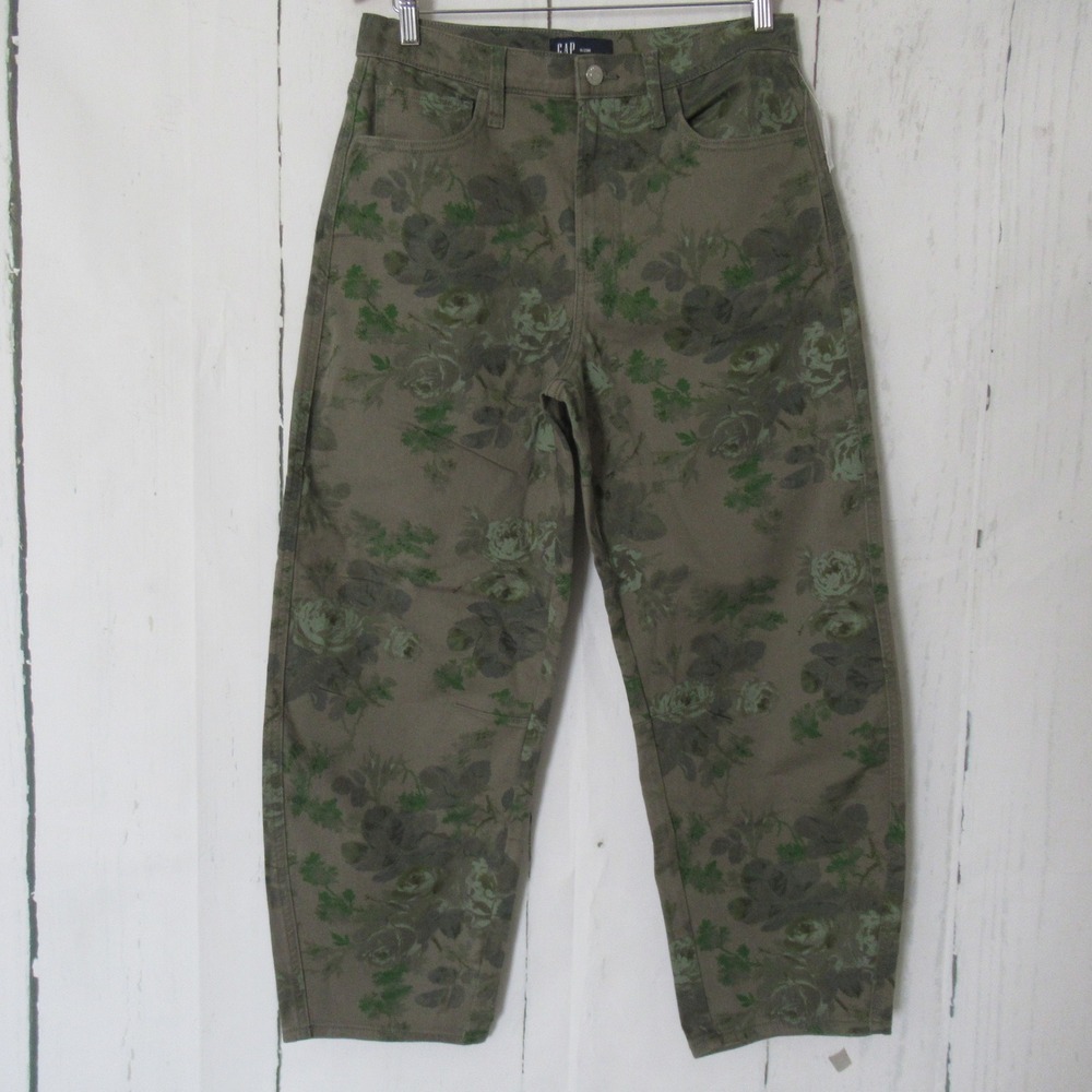 New GAP Jeans 8 29 Barrel Green Floral High Rise Crop Ankle Boho